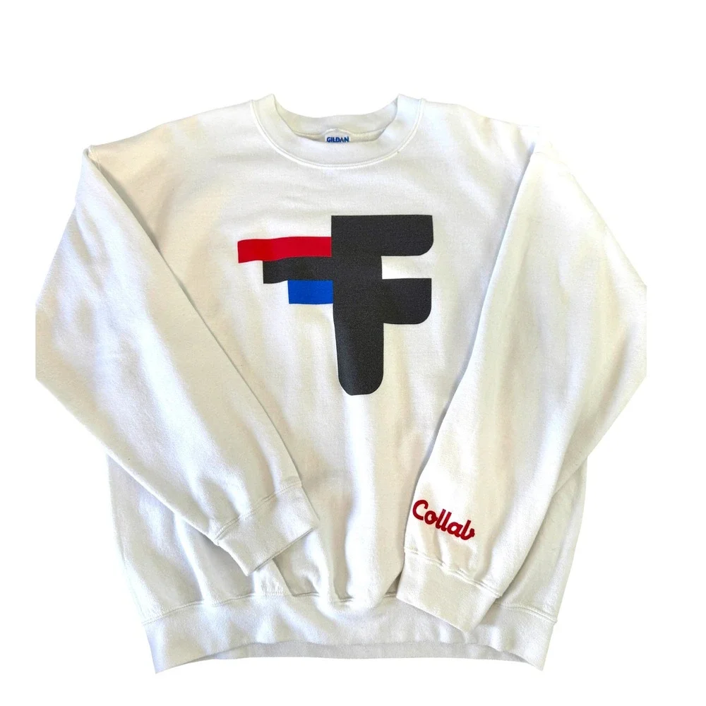 Gildan Heavy Blend White F Graphic Logo Crewneck Sweatshirt Collab Sleeve Mens L - Picture 1 of 12